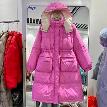Vidutinio ilgio Prašmatnus Kišenėje Gobtuvu Puffer Jacket Moterų Žiemos viršutinių drabužių siuvimas Atsitiktinis korėjos ilgomis Rankovėmis Moteriška Žemyn Parkas Snowwear Kailis